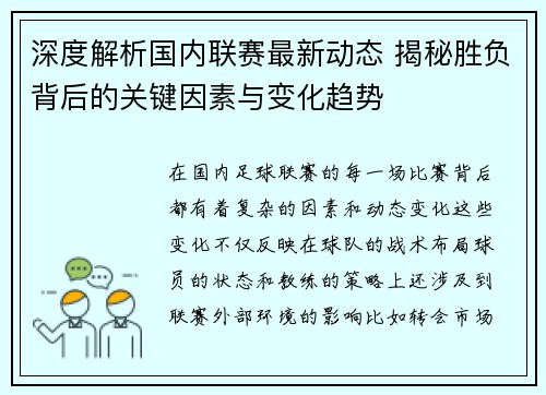 深度解析国内联赛最新动态 揭秘胜负背后的关键因素与变化趋势