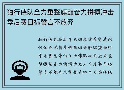 独行侠队全力重整旗鼓奋力拼搏冲击季后赛目标誓言不放弃